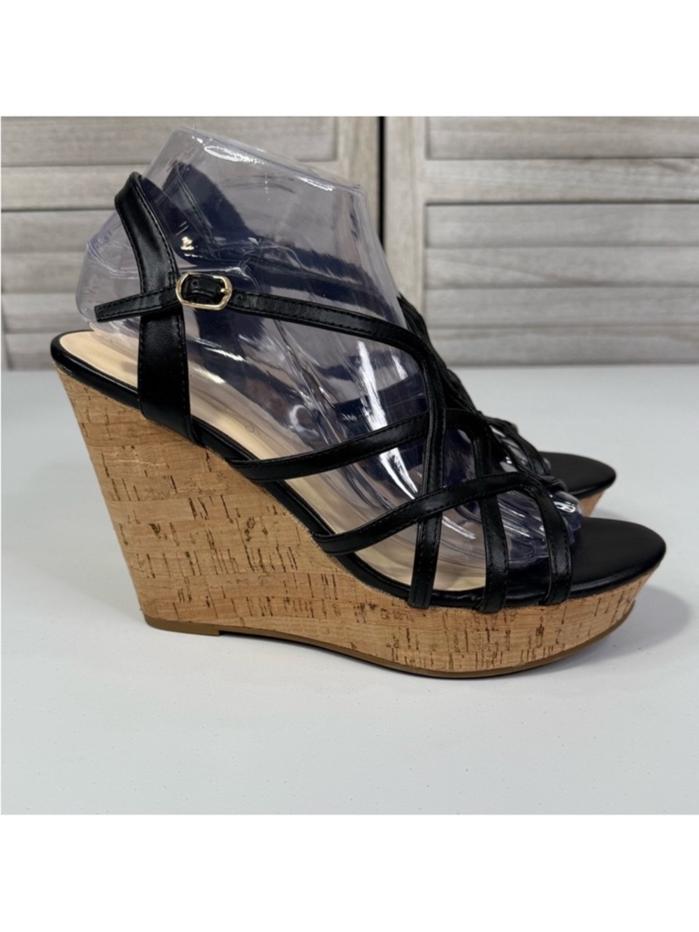 FERGIE "Villa" Cork Wedge Strappy Sandals Black-8.5